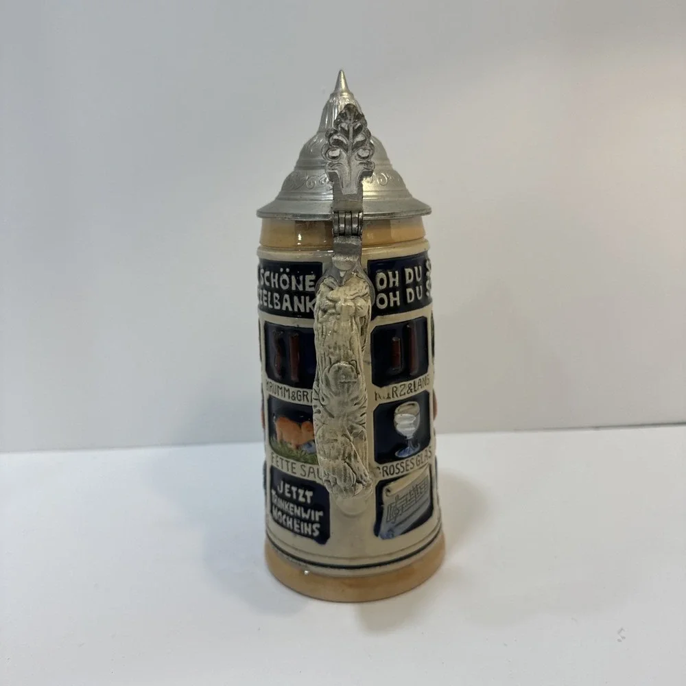 Vintage German Beer Stein Oh Du Schone Schnitzelbank Musterschutz Pewter Lid